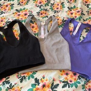 FP Movement Happiness Runs Crop V-Neck Bra Tank Three XS Black Gray Purple